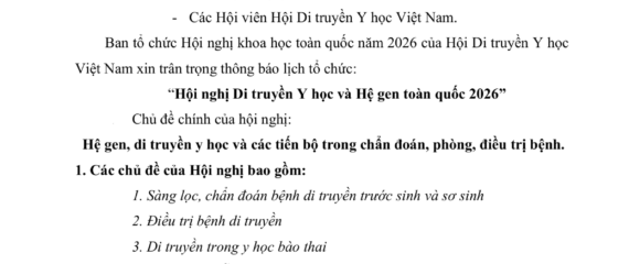 THÔNG BÁO SỐ 1 TỔ CHỨC HỘI NGHỊ DI TRUYỀN Y HỌC TOÀN QUỐC NĂM 2026